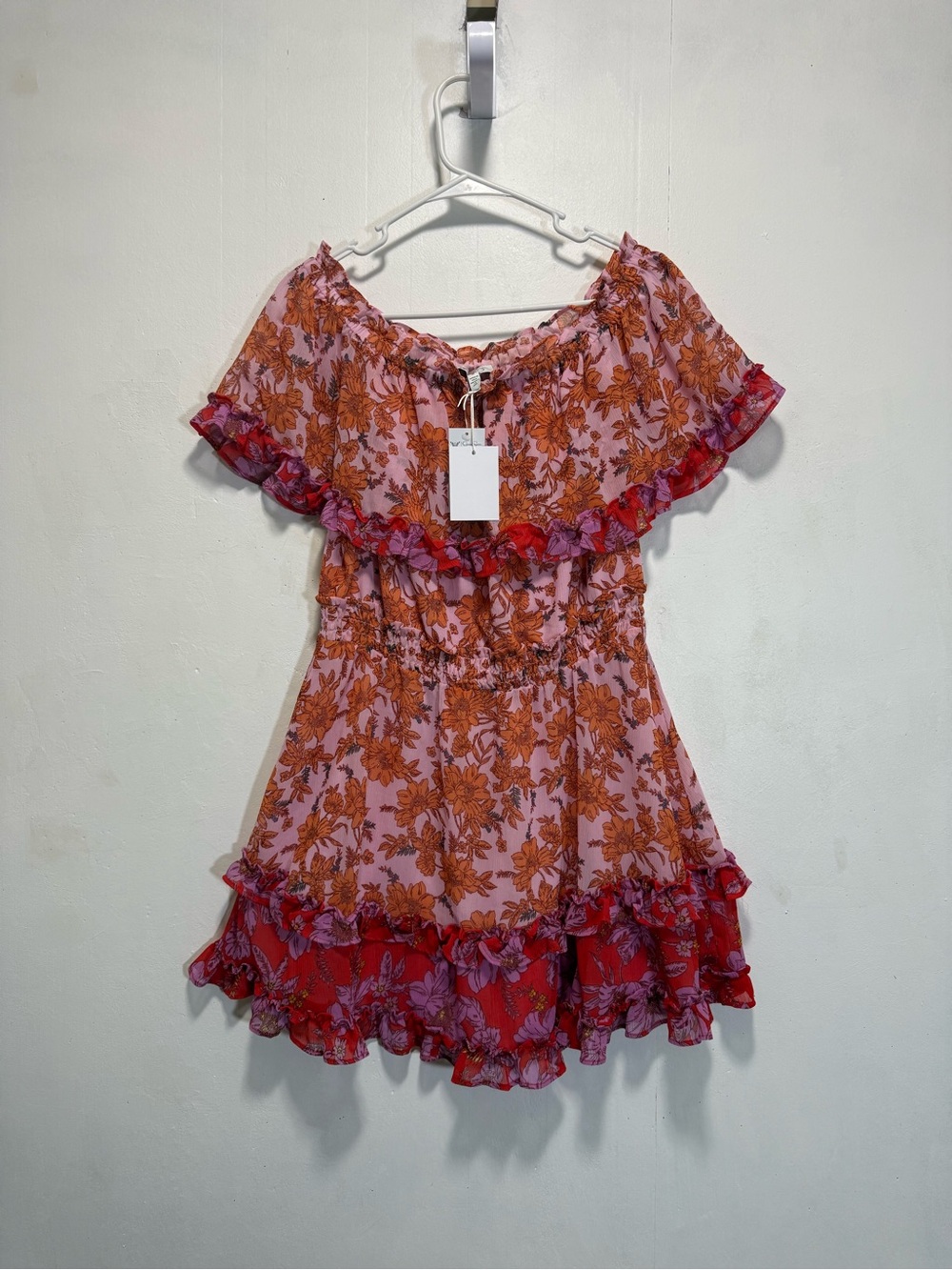 Jessica Simpson Colorful Floral Off-Shoulder Ruffle Mini Dress Sz M NWT